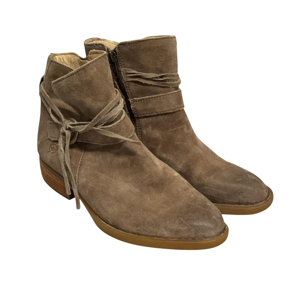 Born‎ Boots Womens Size 7 Brown Suede Ankle Wrap Buckle Zip F75917 Booties